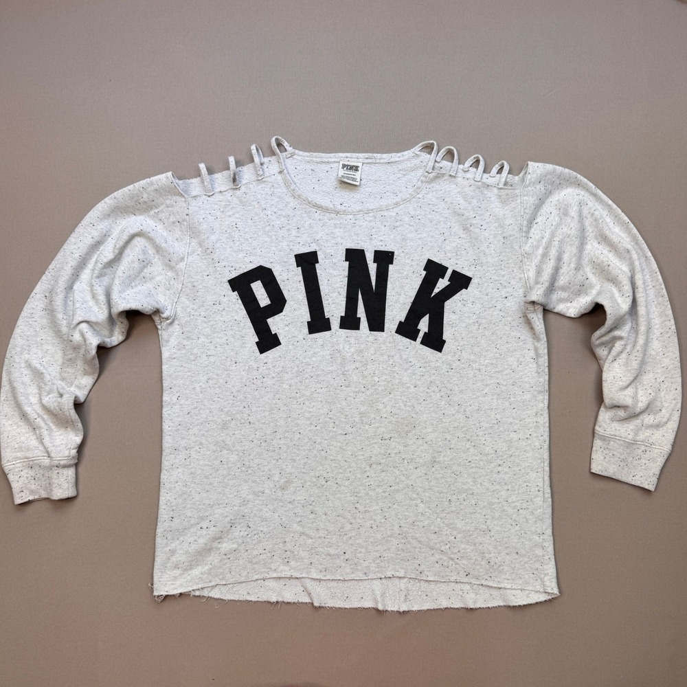 PINK Victoria's Secret Gray Speckled Logo Shoulder Cutout Pullover Sweatshirt S